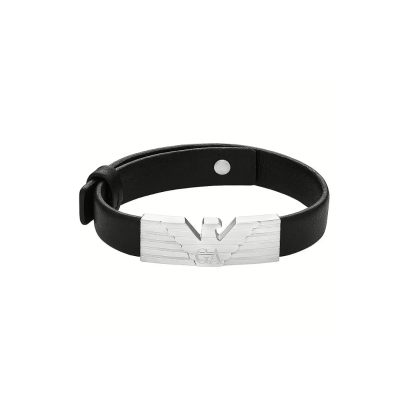 Emporio Armani Stainless Steel and Black Leather Strap ID Bracelet  EGS3075040