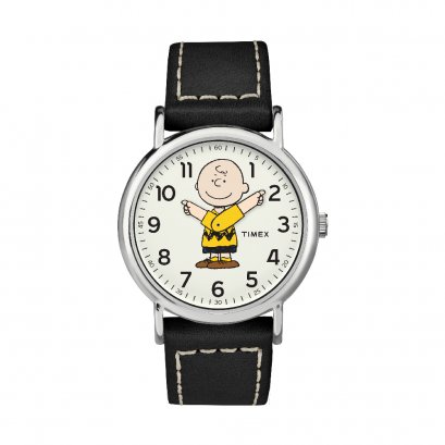 Timex TW2T60900 Weekender x Peanuts Charlie Brown นาฬิกาข้อมือผู้ชาย สายหนัง สีดำ หน้าปัด 39 มม.