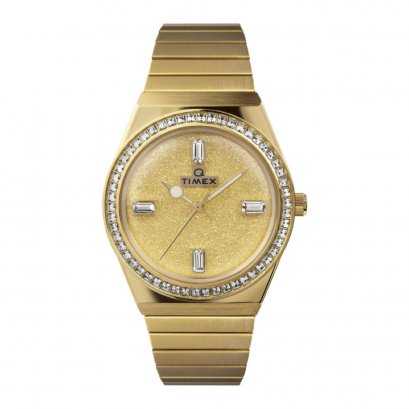 TIMEX TW2W10500 Q Crystal นาฬิกาข้อมือผู้หญิง สายสแตนเลส สีทอง หน้าปัด  36 มม.