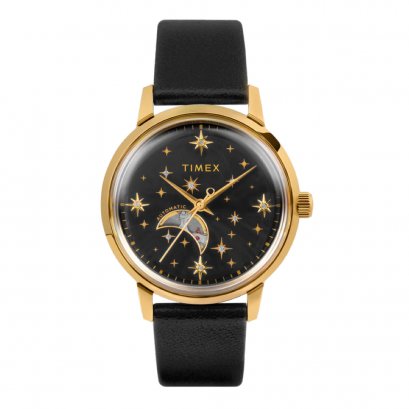 TIMEX TW2W21200 Celestial Automatic นาฬิกาข้อมือผู้หญิง สายหนัง สีดำ หน้าปัด 38 มม.