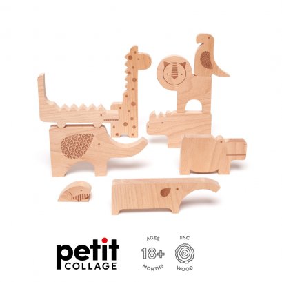 Petit Collage ตัวต่อไม้รูปสัตว์ (สีไม้ธรรมชาติ) Safari Wooden Puzzle & Play Set