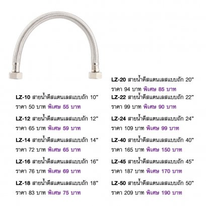 สายน้ำดีสแตนเลสแบบถัก LZ-10 นิ้ว ถึง 50 นิ้ว