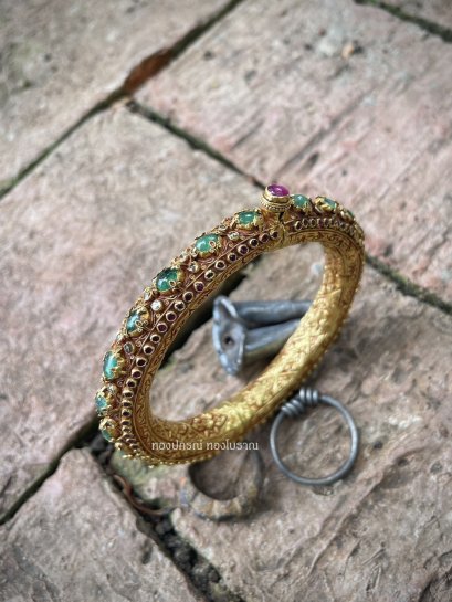 Emerald Bangle with Diamond Spacers and Ruby Surround