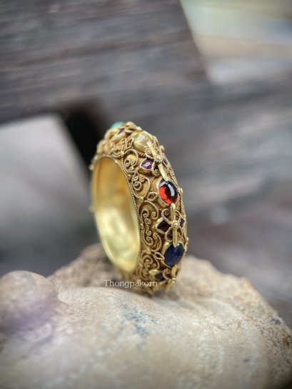 Pirod Navaratna Ring with Ruby Spacers: Ring size 55