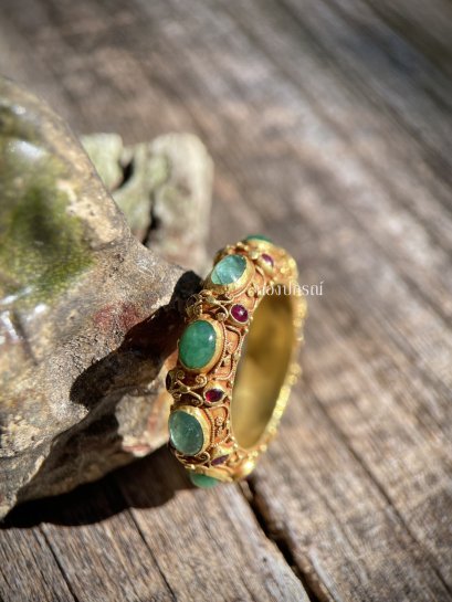 Emerald Pirot Ring with Ruby Spacers  Ring Size: 56