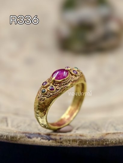 แหวนทองโบราณทับทิมบ่ามรกต ลายก้านขด ขนาด 59