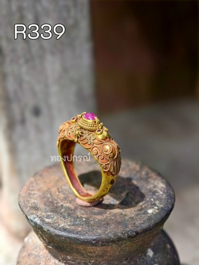 แหวนทองคำโบราณนกคุ้มประดับทับทิม ขนาด 59 | ทองปกรณ์