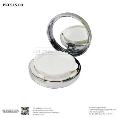บรรจุภัณฑ์ตลับคุชชั่นสีเงินเงาทรงทลมฝาแบนรีฟิลสีขาว