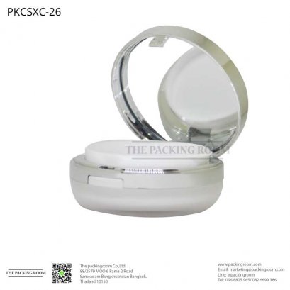 บรรจุภัณฑ์ตลับคุชชั่นสีขาวมุกทรงกลมฝาแบนขอบเงิน