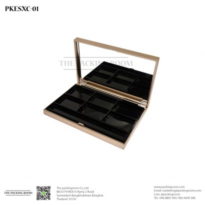บรรจุภัณฑ์ตลับอายแชโดว์สีเนื้อน้ำตาลทรงเหลื่ยมหกช่องสีดำเงา