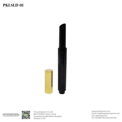 บรรจุภัณฑ์หลอดลิปสติกหรือคุชชั่นแท่งสีดำเงาฝาปิดสีทองแบบกด