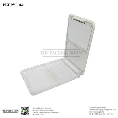 บรรจุภัณฑ์ลตลับแป้งอัดทรงเหลี่ยมโปร่งใสติดกระจกสองซ่องฝาปิดสีขาวครึ่งหนึ่ง