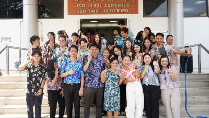 Management and employees of Thai Toshiba Lighting Co., Ltd. participated in a merit-making ceremony by offering alms to Buddhist monks and performing the traditional water-pouring ritual over a Buddha image in celebration of the Songkran Festival, seeking