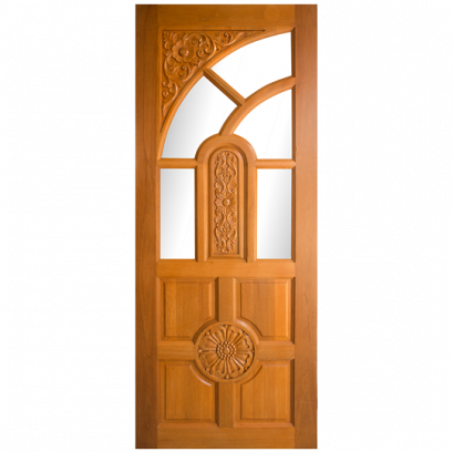 ประตูไม้สยาแดง บานโค้งกระจก