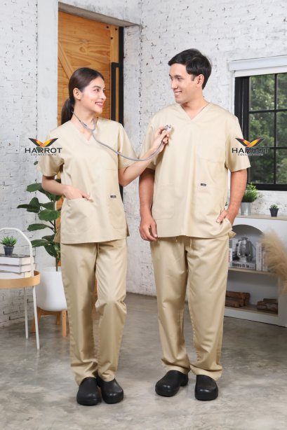 ชุดสครับ วี-เทค คอวี  สีกากี (เสื้อ+กางเกง) (HPG0175)