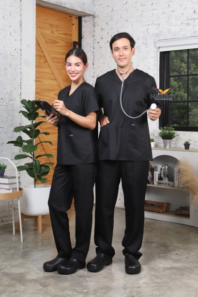 ชุดสครับ วี-เทค คอวี  สีดำ (เสื้อ+กางเกง) (HPG0176)