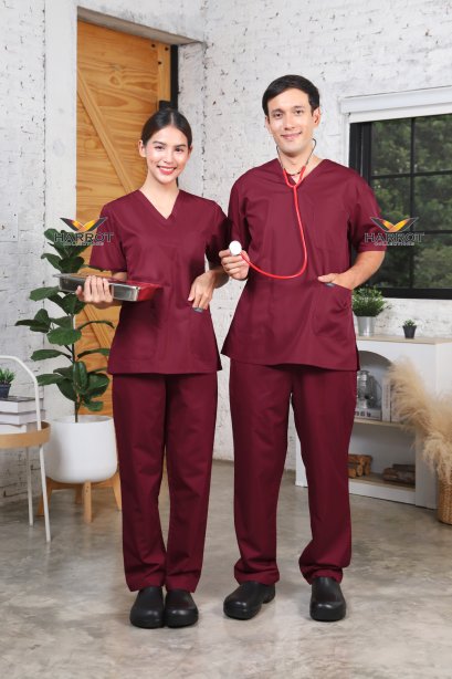 ชุดสครับ วี-เทค คอวี สีแดง (เสื้อ+กางเกง) (HPG0174)