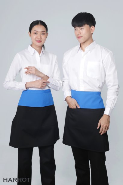 ผ้ากันเปื้อน ผ้ากันเปื้อนเชฟ ผ้ากันเปื้อนพ่อครัว ผ้ากันเปื้อนกุ๊ก ผ้ากันเปื้อนเสิร์ฟ ครึ่งสั้น สีดำ-ฟ้า (FSA0143)