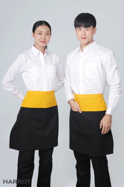 ผ้ากันเปื้อน ผ้ากันเปื้อนเชฟ ผ้ากันเปื้อนพ่อครัว ผ้ากันเปื้อนกุ๊ก ผ้ากันเปื้อนเสิร์ฟ ครึ่งสั้น สีดำ-เหลือง (FSA0144)
