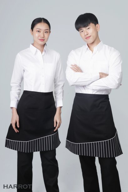 ผ้ากันเปื้อน ผ้ากันเปื้อนเชฟ ผ้ากันเปื้อนพ่อครัว ผ้ากันเปื้อนกุ๊ก ผ้ากันเปื้อนเสิร์ฟ ครึ่งสั้น สีดำ แต่งลายลาครัวดำ (FSA0151)