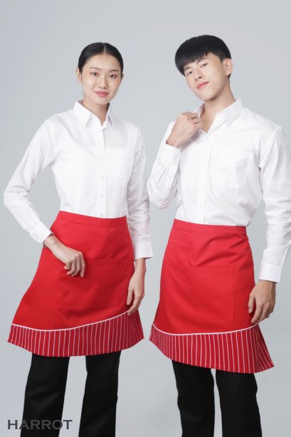 ผ้ากันเปื้อน ผ้ากันเปื้อนเชฟ ผ้ากันเปื้อนพ่อครัว ผ้ากันเปื้อนกุ๊ก ผ้ากันเปื้อนเสิร์ฟ ครึ่งสั้น สีแดง แต่งลายลาครัวแดง (FSA0152)