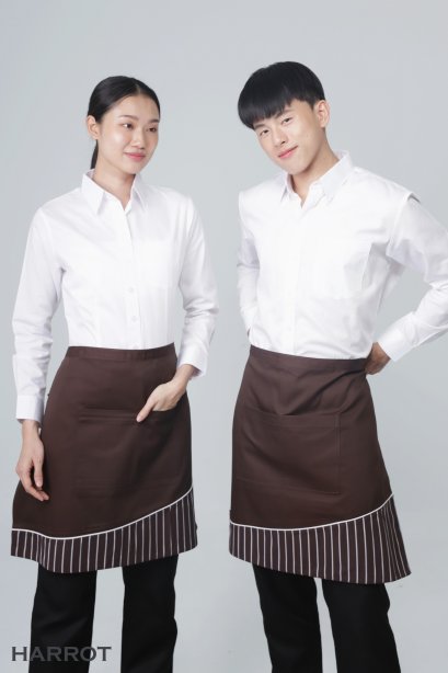 ผ้ากันเปื้อน ผ้ากันเปื้อนเชฟ ผ้ากันเปื้อนพ่อครัว ผ้ากันเปื้อนกุ๊ก ผ้ากันเปื้อนเสิร์ฟ ครึ่งสั้น สีน้ำตาล แต่งลายลาครัวน้ำตาล (FSA0154)