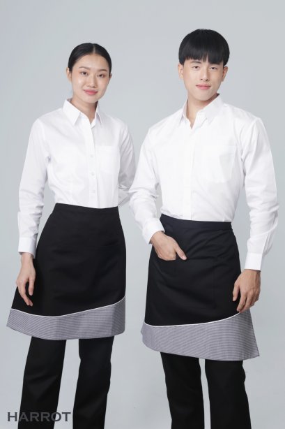 ผ้ากันเปื้อน ผ้ากันเปื้อนเชฟ ผ้ากันเปื้อนพ่อครัว ผ้ากันเปื้อนกุ๊ก ผ้ากันเปื้อนเสิร์ฟ ครึ่งสั้น สีดำ แต่งลายชิโนริ (FSA0155)