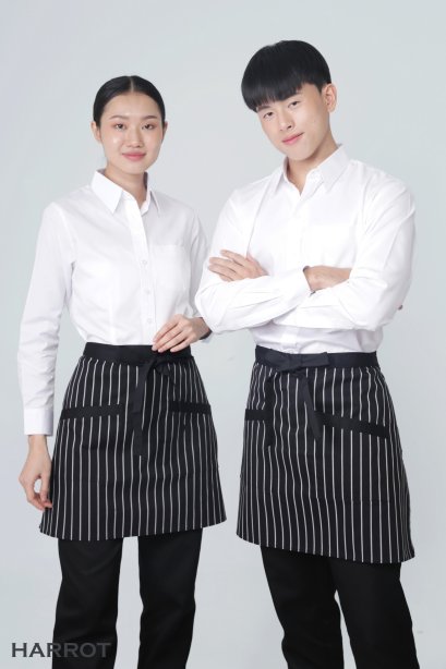 Black-Chalk Stripe Half Short Apron (Black Long Tie)
