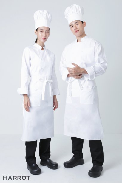 ผ้ากันเปื้อน ผ้ากันเปื้อนเชฟ ผ้ากันเปื้อนพ่อครัว ผ้ากันเปื้อนกุ๊ก ผ้ากันเปื้อนเสิร์ฟ ครึ่งยาว สีขาว มีลิ้น สายยาวผูกหน้า   (FSA0261)
