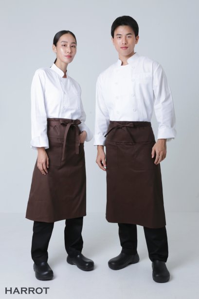 ผ้ากันเปื้อน ผ้ากันเปื้อนเชฟ ผ้ากันเปื้อนพ่อครัว ผ้ากันเปื้อนกุ๊ก ผ้ากันเปื้อนเสิร์ฟ ครึ่งยาว สีน้ำตาล  มีลิ้น สายยาวผูกหน้า (FSA0264)