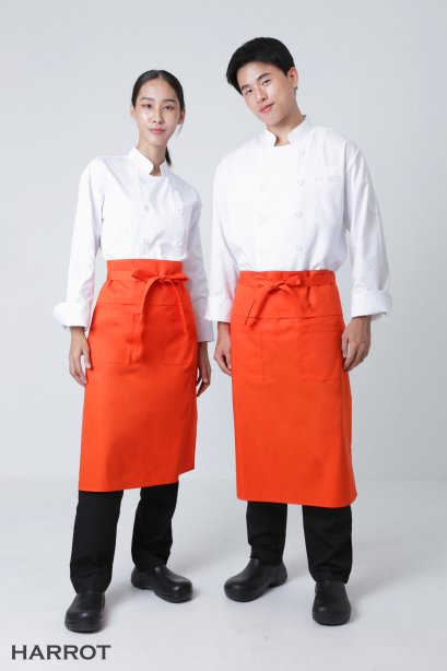 ผ้ากันเปื้อน ผ้ากันเปื้อนเชฟ ผ้ากันเปื้อนพ่อครัว ผ้ากันเปื้อนกุ๊ก ผ้ากันเปื้อนเสิร์ฟ ครึ่งยาว สีส้ม  มีลิ้น สายยาวผูกหน้า   (FSA0265)