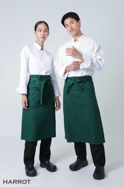 ผ้ากันเปื้อน ผ้ากันเปื้อนเชฟ ผ้ากันเปื้อนพ่อครัว ผ้ากันเปื้อนกุ๊ก ผ้ากันเปื้อนเสิร์ฟ ครึ่งยาว สีเขียว   มีลิ้น สายยาวผูกหน้า (FSA0266)