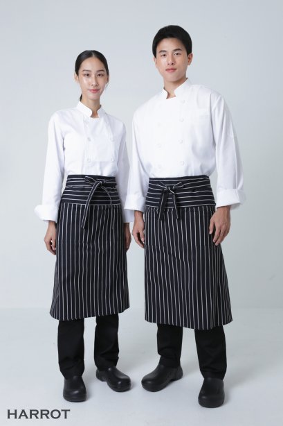 ผ้ากันเปื้อน ผ้ากันเปื้อนเชฟ ผ้ากันเปื้อนพ่อครัว ผ้ากันเปื้อนกุ๊ก ผ้ากันเปื้อนเสิร์ฟ ครึ่งยาว ลายลาครัวดำ  มีลิ้น สายยาวผูกหน้า  (FSA0267)