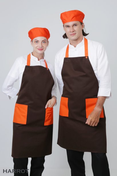 ผ้ากันเปื้อน ผ้ากันเปื้อนเชฟ ผ้ากันเปื้อนพ่อครัว ผ้ากันเปื้อนกุ๊ก ผ้ากันเปื้อนเสิร์ฟ เต็มตัว สีน้ำตาล-ส้ม (FSA0402)