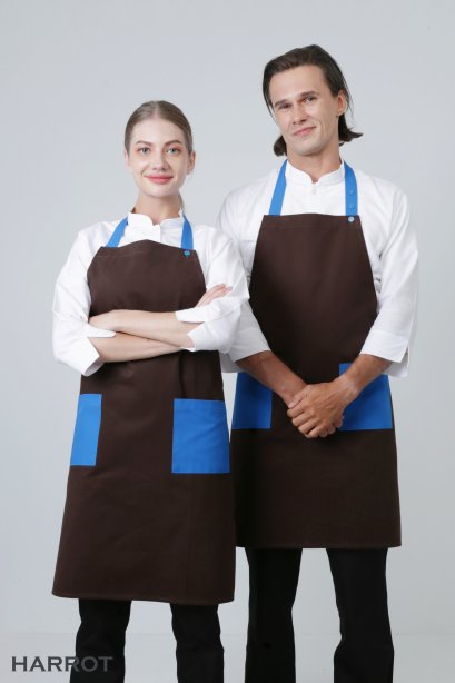 ผ้ากันเปื้อน ผ้ากันเปื้อนเชฟ ผ้ากันเปื้อนพ่อครัว ผ้ากันเปื้อนกุ๊ก ผ้ากันเปื้อนเสิร์ฟ เต็มตัว สีน้ำตาล-ฟ้า (FSA0403)
