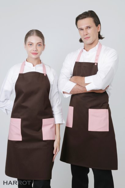 ผ้ากันเปื้อน ผ้ากันเปื้อนเชฟ ผ้ากันเปื้อนพ่อครัว ผ้ากันเปื้อนกุ๊ก ผ้ากันเปื้อนเสิร์ฟ เต็มตัว สีน้ำตาล-ชมพู(FSA0404)