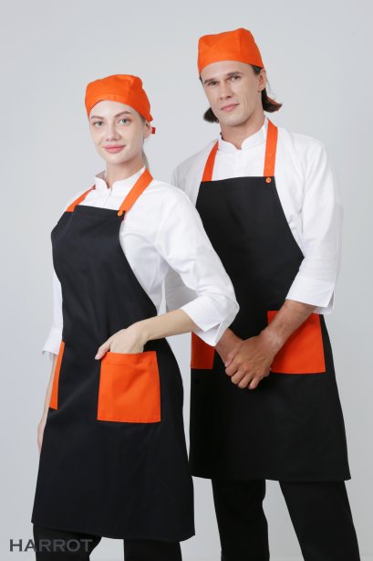 ผ้ากันเปื้อน ผ้ากันเปื้อนเชฟ ผ้ากันเปื้อนพ่อครัว ผ้ากันเปื้อนกุ๊ก ผ้ากันเปื้อนเสิร์ฟ เต็มตัว สีดำ-ส้ม (FSA0412)