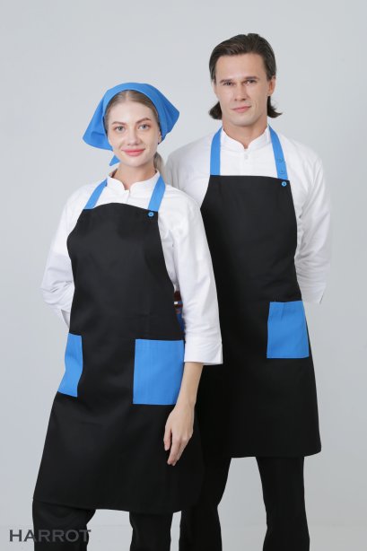 ผ้ากันเปื้อน ผ้ากันเปื้อนเชฟ ผ้ากันเปื้อนพ่อครัว ผ้ากันเปื้อนกุ๊ก ผ้ากันเปื้อนเสิร์ฟ เต็มตัว สีดำ-ฟ้า(FSA0414)