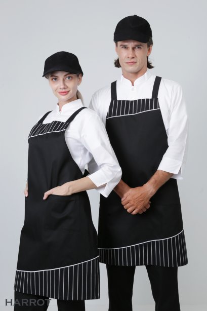 ผ้ากันเปื้อน เต็มตัว สายไขว้หลัง สีดำ แต่งลายลาครัวดำ