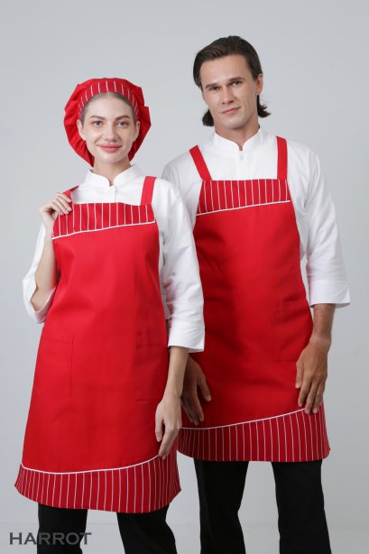 ผ้ากันเปื้อน ผ้ากันเปื้อนเชฟ ผ้ากันเปื้อนพ่อครัว ผ้ากันเปื้อนกุ๊ก ผ้ากันเปื้อนเสิร์ฟ เต็มตัว สายไขว้ สีแดง แต่งลาครัวแดง (FSA0452)