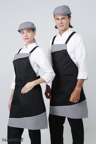 ผ้ากันเปื้อน ผ้ากันเปื้อนเชฟ ผ้ากันเปื้อนพ่อครัว ผ้ากันเปื้อนกุ๊ก ผ้ากันเปื้อนเสิร์ฟ เต็มตัว สายไขว้หลัง สีดำ แต่งลายชิโนริ (FSA0455)