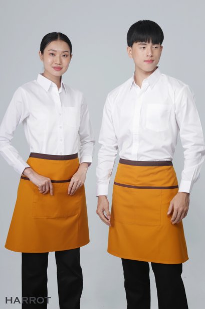 ผ้ากันเปื้อน ผ้ากันเปื้อนเชฟ ผ้ากันเปื้อนพ่อครัว ผ้ากันเปื้อนกุ๊ก ผ้ากันเปื้อนเสิร์ฟ ครึ่งสั้น ลอฟท์ สีมัสตาร์ดแต่งน้ำตาล (FSA0472)