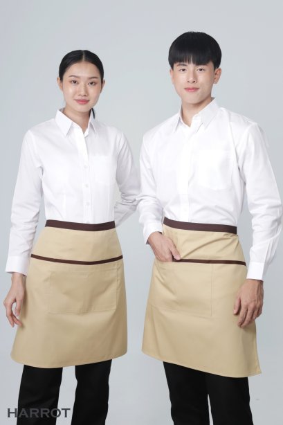 ผ้ากันเปื้อน ผ้ากันเปื้อนเชฟ ผ้ากันเปื้อนพ่อครัว ผ้ากันเปื้อนกุ๊ก ผ้ากันเปื้อนเสิร์ฟ ครึ่งสั้น ลอฟท์ สีกากีแต่งน้ำตาล (FSA0473)