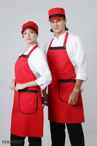 ผ้ากันเปื้อน ผ้ากันเปื้อนเชฟ ผ้ากันเปื้อนพ่อครัว ผ้ากันเปื้อนกุ๊ก ผ้ากันเปื้อนเสิร์ฟ เต็มตัว สีแดงกุ๊นดำ (FSA0901)