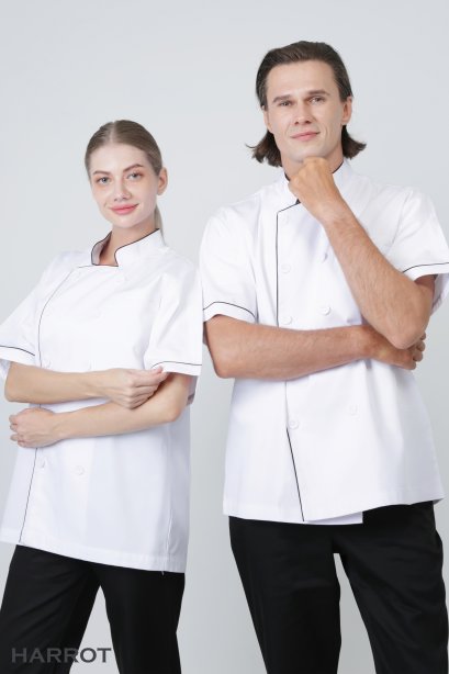 Black piping white short sleeve chef jacket