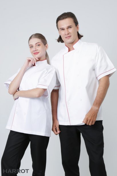 Red piping white short sleeve chef jacket
