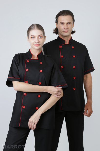 Red piping black short sleeve chef jacket