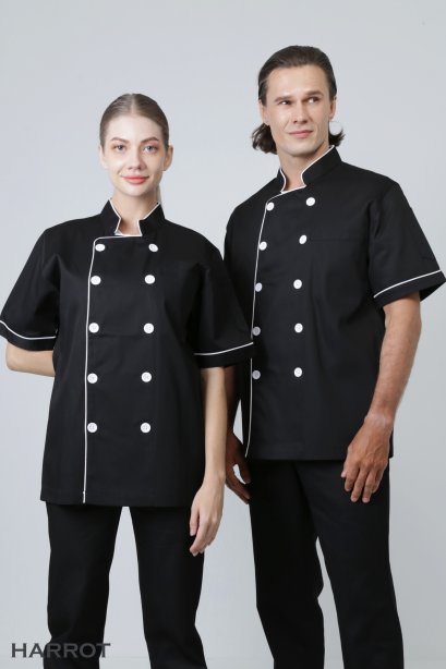 White piping black short sleeve chef jacket