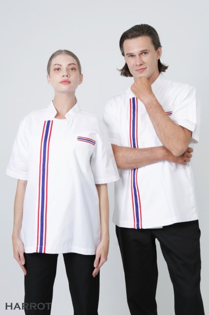 Thai flag pocket white short sleeve chef jacket