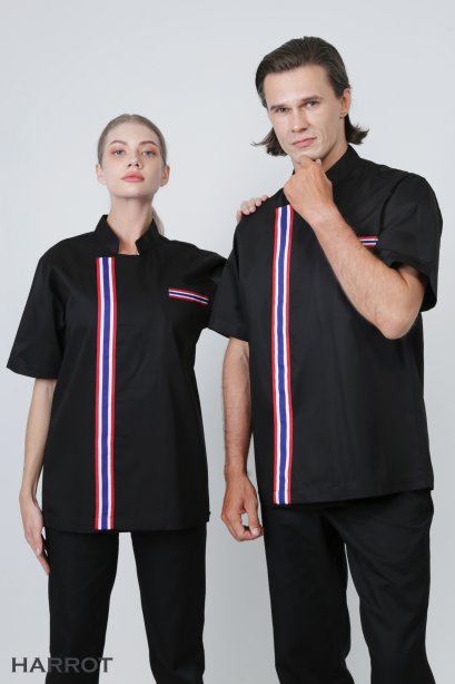 เสื้อกุ๊ก เสื้อเชฟ ชุดเชฟ เสื้อพ่อครัว แขนสั้น สีดำ แต่งลายธงชาติ (FSS0142)